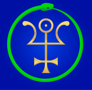 Sabazius seal: gold sigil with green snake on blue background